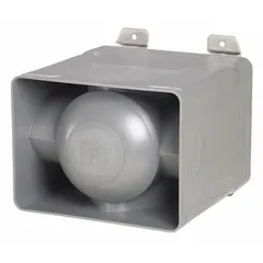 This electronic horn alarm operates on 24V DC and is suitable for both indoor and outdoor use. The gray unit produces a horn sound for industrial signaling applications such as plant alarms, safety warnings, and process notifications.