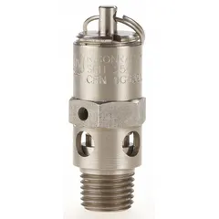 Stainless steel hard seat safety valve with 1/4 in male NPT inlet and preset relief at 225 psi. Used to protect compressed air systems, receivers, and pneumatic piping from overpressure conditions.
