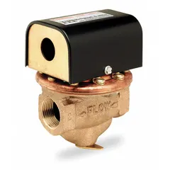 Inline flow switch for detecting liquid flow or no-flow conditions in piping systems. Features a 1 in NPT connection, SPDT contact configuration, and AC contact rating of 44.4 A at 120V (locked rotor). Suitable for use in HVAC, boiler, and industrial process lines to interlock pumps, alarms, or burners.