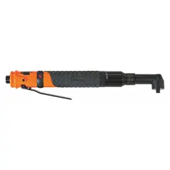 This right-angle air-powered nutrunner from CLECO features a 3/8 in square drive with pin detent socket retention. It delivers a fastening torque of 4.57 ft-lb, suitable for assembly and fastening tasks in confined spaces where a straight tool cannot fit.