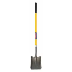 This square point shovel features a 14-gauge steel blade in gray and a yellow fiberglass straight handle. Designed for general digging, trenching, and moving loose materials such as soil, gravel, or sand. Suitable for construction, landscaping, and maintenance tasks requiring a flat blade edge.