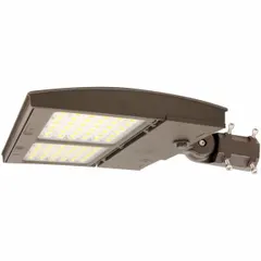 LED parking lot and street light fixture with slipfitter/knuckle mount. Delivers 14,300 to 14,900 lumens with selectable 3000K/4000K/5000K color temperatures. Bronze finish. Suitable for commercial and industrial outdoor area lighting.