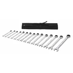 This set includes 15 metric combination wrenches with 12-point ratcheting box ends, covering head sizes from 6 mm to 20 mm. The wrenches are made of alloy steel with a chrome finish and come with a storage pouch. Suitable for tightening and loosening fasteners in automotive repair, machinery maintenance, and industrial assembly.