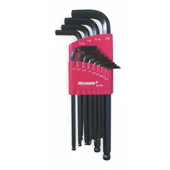 This L-shaped hex key set includes 13 pieces in SAE sizes, featuring single ball end tips for angled access up to 25 degrees. The long-reach design aids in reaching recessed fasteners. Keys are stored in an organizer for convenient handling. Suitable for tightening or loosening hex socket screws and bolts in maintenance, assembly, and repair tasks.