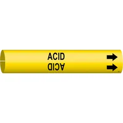 Yellow snap-on pipe marker with black legend reading 'Acid' and directional arrows. Fits pipe outer diameters from 2-1/2 to 3-7/8 inches. Used to identify pipes carrying acid in industrial facilities for clear hazard communication.