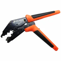 Ratchet-style crimper for F connectors and RJ-45 connectors. Designed for RG6 and RG6 Quad coaxial cable. Overall length 10 inches with deluxe cushion grip.