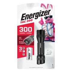 Handheld flashlight with 300 lumens maximum brightness and 100-meter beam distance. Features two light outputs and a tail switch for one-handed operation. Runs for 2 hours at maximum brightness. Includes one CR123 battery. Suitable for general-purpose illumination in maintenance, security, and emergency contexts.