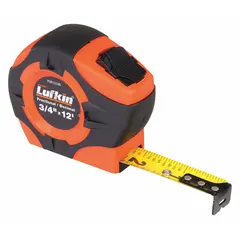 This 12 ft tape measure features a plastic body with a rubberized grip and an orange finish. The blade displays inches with SAE/fractional-read markings, graduated to 1/32 in for the first 12 in. It includes a manual lock and a nonmagnetic single hook tip, suitable for measuring tasks where magnetic interference must be avoided.