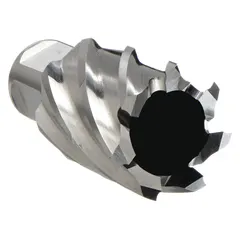 Bright finish, cobalt high-speed steel annular cutter with Weldon Flat shank. 7/16 in cutter diameter, 1 in maximum cutting depth. For general cutting of clean, accurate holes in metal using portable magnetic drills or drill presses.