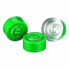 These 13 mm diameter snap-on closures are made of green aluminum and are unlined. They are non-vented and do not include septa. Each pack contains 1,000 closures. Commonly used for temporary sealing of sample vials, reagent bottles, and collection containers in laboratory settings.