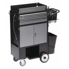 This heavy-duty utility cart features multiple drawers for organized tool storage and transport. It includes putty knives and scrapers. The 3-point locking system secures contents during movement. Typical applications include industrial facilities, workshops, and maintenance environments.