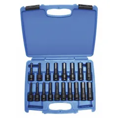 This 18-piece hex impact bit socket set features a fixed insert design with hex tips and a 1/2 in drive size. It is intended for use with impact tools to drive hex fasteners in applications such as automotive repair, construction, and industrial maintenance.