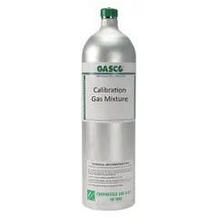 Disposable calibration gas cylinder containing 9 ppm hydrogen chloride in nitrogen, with +/-5% accuracy. Designed for use with all OEM portable gas detectors to verify sensor response to HCl. Suitable for applications where hydrogen chloride may be present, such as chemical processing and combustion systems.