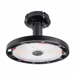 Round LED bay light fixture delivering 58,000 lumens at 5000K color temperature. Operates on 120 to 277V AC and consumes 400 W. Designed for mounting heights of 18 ft to 22 ft, suitable for high-bay industrial and commercial spaces such as warehouses, factories, and distribution centers.