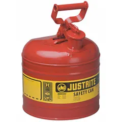 This Type I safety can is designed for storing and dispensing flammable liquids. It has a 2-gallon capacity and is constructed from powder coated steel with a red finish. Typical applications include use in industrial facilities for handling combustible solvents, fuels, and chemicals.