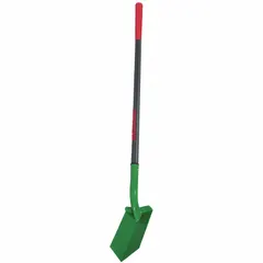 This trenching shovel features a 14-gauge steel blade with a green finish and a straight fiberglass handle in gray. Designed for digging narrow trenches in soil and soft ground, it is suited for tasks such as laying pipes, cables, or drainage lines.
