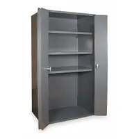 Stationary, welded steel cabinet with powder-coated gray finish. Includes three adjustable shelves and a swing handle with padlock hasp. Panel thickness is 14 ga. Suitable for organizing tools, parts, and supplies in warehouses, maintenance shops, and manufacturing facilities where space is limited