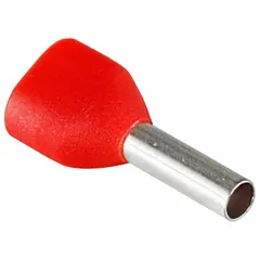 Red nylon insulated ferrule with 0.09 in diameter, designed to hold two 18 AWG wires. Used to terminate stranded wire in control panels, terminal blocks, and industrial electrical connections, preventing fraying and ensuring reliable conductivity.