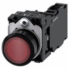 Momentary-action illuminated push button with flush profile and non-metallic construction. Features 22 mm mounting diameter and 1NO/1NC contact configuration. Suitable for control panel and machinery applications requiring momentary control commands.