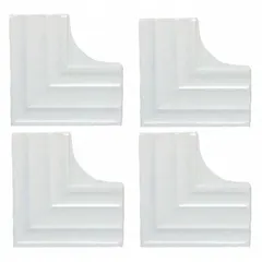 Plastic corner plates with a square shape and Dove White finish. Each plate measures 3 in wide, 1/4 in deep, and 1 1/2 in tall. Used for framing mirrors or supporting LED shelf installations where a non-lighted trim is required.