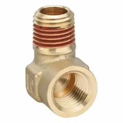 This 90° elbow fitting is made of brass and features a 1/4 in female NPT threaded connection on one end and a 1/4 in male NPT threaded connection on the other. It is rated for a maximum operating pressure of 1,000 psi. Typical applications include hydraulic, pneumatic, and industrial fluid systems where a change in flow direction is required.