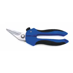 These offset spring-assisted shears are designed for right-hand use, featuring a straight stainless steel blade with a rounded tip and a blue vinyl grip. The spring action reduces hand fatigue during repetitive cutting tasks. Suitable for cutting various materials in fabrication, metalworking, and maintenance applications.