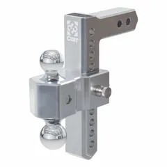 This adjustable ball mount from CURT features a dual ball with 2-inch and 2-5/16-inch diameters, allowing towing of trailers with different coupler sizes. Constructed from aluminum and steel with a polished aluminum finish, it offers corrosion resistance for outdoor use. The adjustable design provides flexibility in hitch height and angle, suitable for light- to medium-duty towing applications.