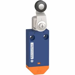 Wireless roller lever limit switch from the XCMW series. Features a 0.22-inch roller width and wireless communication. Used in industrial automation for position detection of moving parts where wiring is impractical, such as on conveyors or rotating machinery.