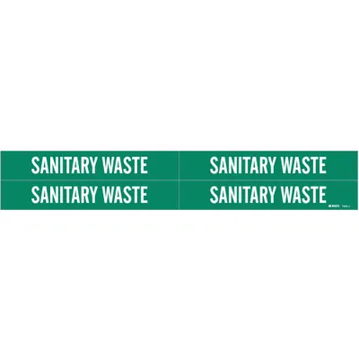 BRADY Pipe Marker: Sanitary Waste, Green, White, Fits 3/4 to 2 3/8 in Pipe O.D. - Sanitary Waste Adhesive Pipe Markers