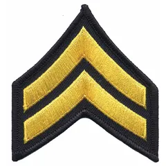 This sew-on rank insignia is a 3-inch plastic patch in black and gold, indicating the rank of Corporal. It is attached by sewing onto fabric and is used on military or law enforcement uniforms for rank identification.