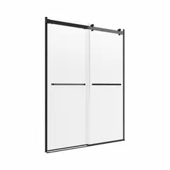 Frameless double-sliding shower door with matte black finish. Overall height 63 inches, fits openings with minimum width 55 inches and maximum 59 inches. Suitable for residential tub and shower enclosures.