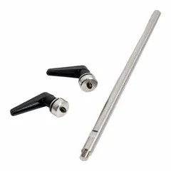 This E-Lift accessories set includes a stainless steel rod and two clamping levers for mounting and stabilizing laboratory equipment. The rod and base are constructed from stainless steel. Suitable for supporting overhead stirrers, sensors, or other accessories in lab setups.