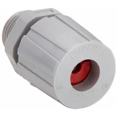 Straight nylon cord connector with 1/2 in MNPT box connection, accepting cord diameters from 0.19 in to 0.25 in. Gray nylon body with red color-coded grommet, IP66 rated, and suitable for Class II, Division 1 & 2 hazardous locations. Used for sealing and strain-relieving electrical cables entering junction boxes or enclosures in industrial environments.