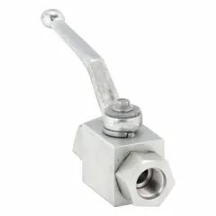 Two-position, two-way hydraulic ball valve with 1/2 in SAE O-Ring Boss female port connections. Features Nitrile ball and shaft seals, 4.53 in handle length, and non-lockable design. Suitable for on/off flow control in hydraulic systems.