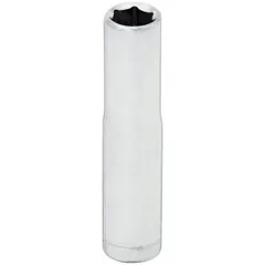 This 1/4" drive hand socket features a 5.5 mm metric size with a 6-point deep configuration. Constructed from chrome, it is designed for tightening or loosening metric fasteners in automotive repair, machinery maintenance, and general industrial assembly tasks.