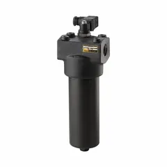 Pressure filter assembly for hydraulic pressure lines. Max pressure 7000 psi, nominal flow 40 gpm. Microglass filter element. SAE #16 port connection. Removes contaminants to protect downstream components.