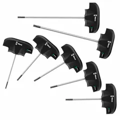 This 9-piece T-shaped dual-tip Torx key set includes sizes T10, T15, T20, T25, T30, T40, and T45 with standard ends. The keys feature a chrome finish and come with an organizer for storage. Suitable for tightening and loosening Torx fasteners in assembly, repair, and maintenance tasks.