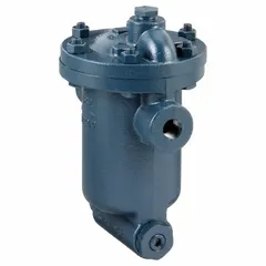 Cast iron inverted-bucket steam trap with 3/4 in FNPT connections, rated for 4000 lb/hr at 30 psi maximum. In-line configuration for horizontal installation. Includes integral strainer. Used to discharge condensate from steam lines in heating and process systems.