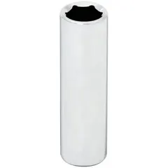 This 1/4" drive hand socket features a 7/16" SAE size with a 6-point deep configuration for turning hex fasteners. The chrome finish provides corrosion resistance. Overall length is 2 inches. Suitable for automotive repair, machinery maintenance, and general assembly tasks.