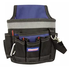 This black polyester tool pouch features six pockets and an open-top design for quick access to hand tools. It attaches to a work belt via a belt slot, making it suitable for carrying screwdrivers, pliers, and wrenches during maintenance or construction tasks.