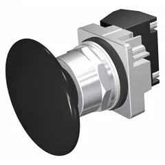 Momentary-action mushroom-head push button from Siemens Class 52 series. Features a 30 mm non-metallic mushroom head profile and pressure plate terminal connection. Suitable for use as a control device in industrial machinery and control panels.