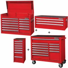This heavy-duty combo includes a top chest, intermediate chest, side cabinet, and rolling cabinet with 32 drawers. It features a keyed locking system and ball bearing drawer slides. Overall dimensions are 57 1/2 in W x 19 in D x 82 3/4 in H. Suitable for organizing tools and equipment in workshops and maintenance facilities.