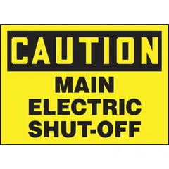 Adhesive vinyl sign for marking main electric shut-off locations. Nominal size 3 1/2 x 5 in. Not retroreflective. Suitable for indoor use on clean, dry surfaces to identify emergency power disconnects.