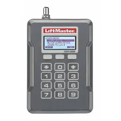 This entry transmitter is designed for use with door operators to control access. It features a black polycarbonate housing and operates on 9V to 30V AC. The unit includes an antenna and has an overall height of 6 inches.