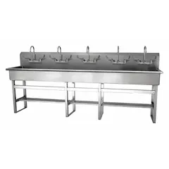 Five-station freestanding wash station with faucets. Constructed from 16-gauge material with a 97-inch bowl length, 8-inch bowl depth, and 0.5 gpm flow rate. Side splash not included. Suitable for industrial settings requiring multiple hand-washing stations.