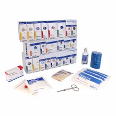 Bulk unitized first aid refill kit meeting ANSI/ISEA Z308.1-2021 Type I/II standards. Serves 50 people with 239 components including 50 adhesive bandages, 2 triangular bandages, and 3 eyewash packets. Latex-free, not water resistant, and contains no oral or inhalant medication. Suitable for corporate office environments.