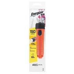 This ENERGIZER flashlight delivers 150 lumens of light output with a 175-meter max beam distance and a 65-hour runtime at maximum brightness. It requires 2 D batteries and is housed in an orange casing. Suitable for general illumination tasks in industrial, emergency, or outdoor environments.