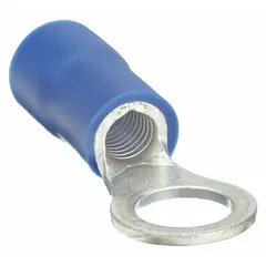 Blue vinyl-insulated ring terminal rated for 600 V. Accommodates 6 AWG wire and fits a 3/8 in stud. Used for secure, vibration-resistant connections in control panels, motor terminals, and power distribution systems.