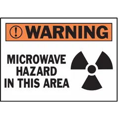 Polyester adhesive sign for marking areas with microwave hazards. Each sign measures 3 1/2 in x 5 in nominal size, 0.01 in thick, non-retroreflective, and not glow-in-the-dark. Supplied in a 5-pack for multiple placement. Suitable for industrial facilities where microwave radiation may be present.