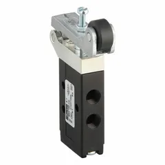 Three-way, two-position spool valve with spring return and normally closed operation. Aluminum body with 1/8 in female NPT port and roller actuator. Used to direct or block compressed air flow in pneumatic systems for industrial automation, packaging, and material handling applications.